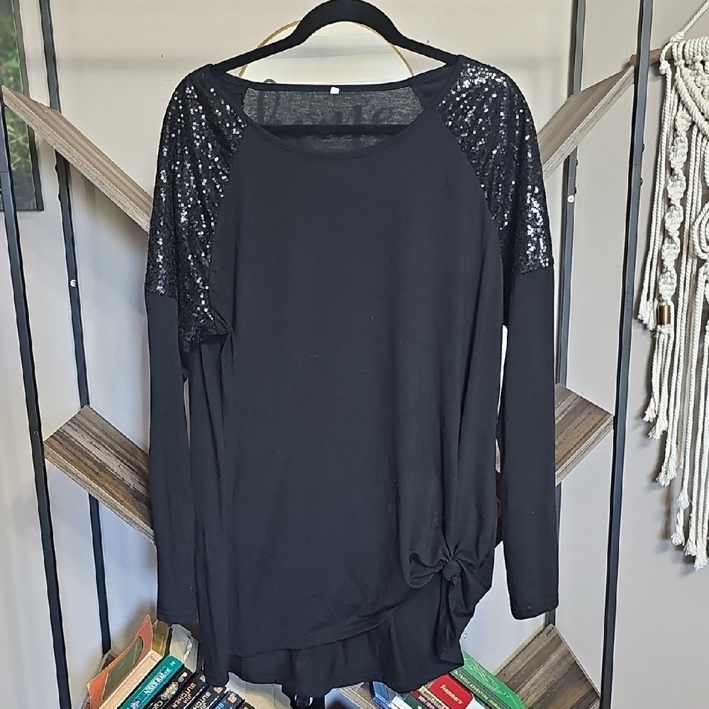 Black Sequin Sleeve Women's Top